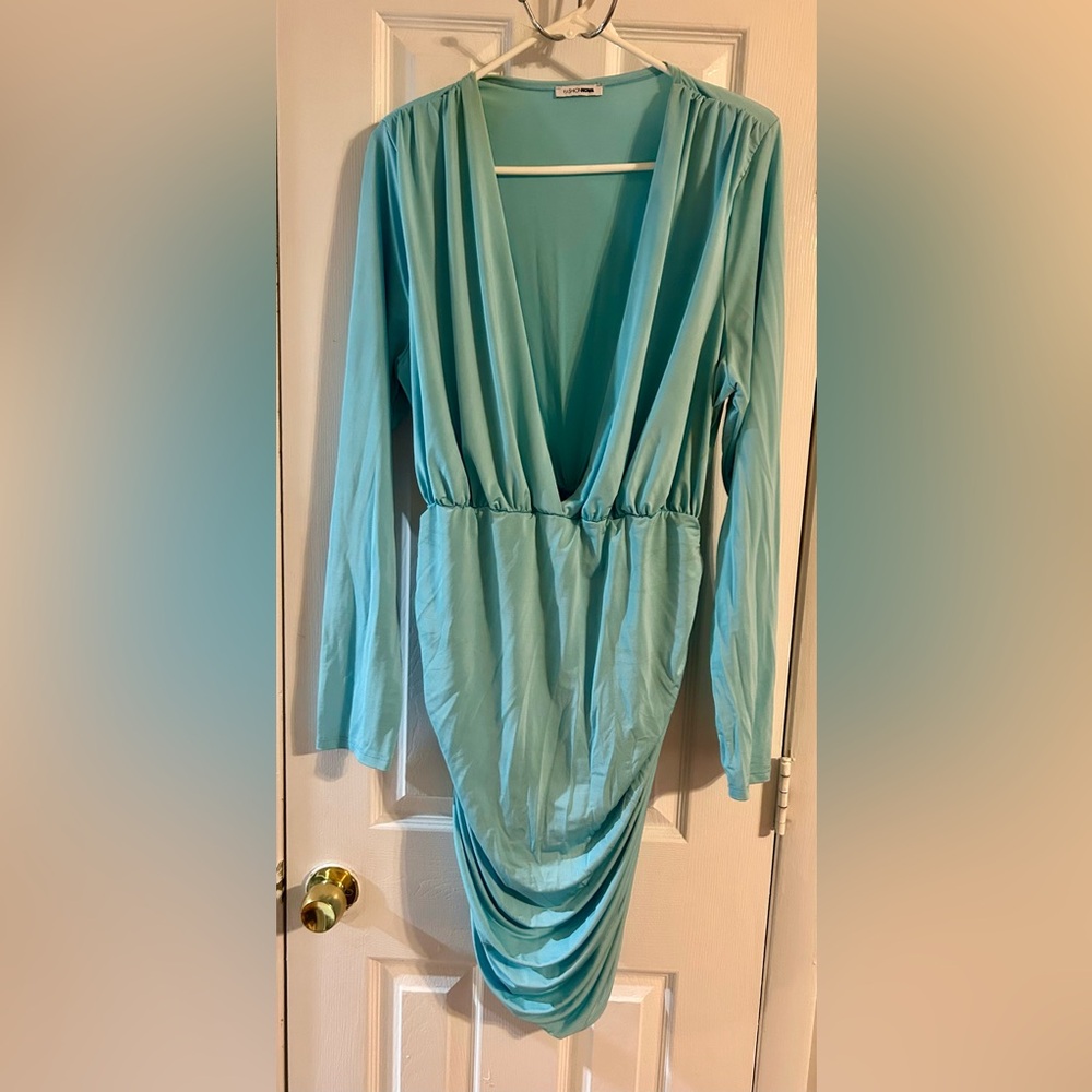 Fashion Nova Teal Blue long sleeve plunge neck mini dress. 3x